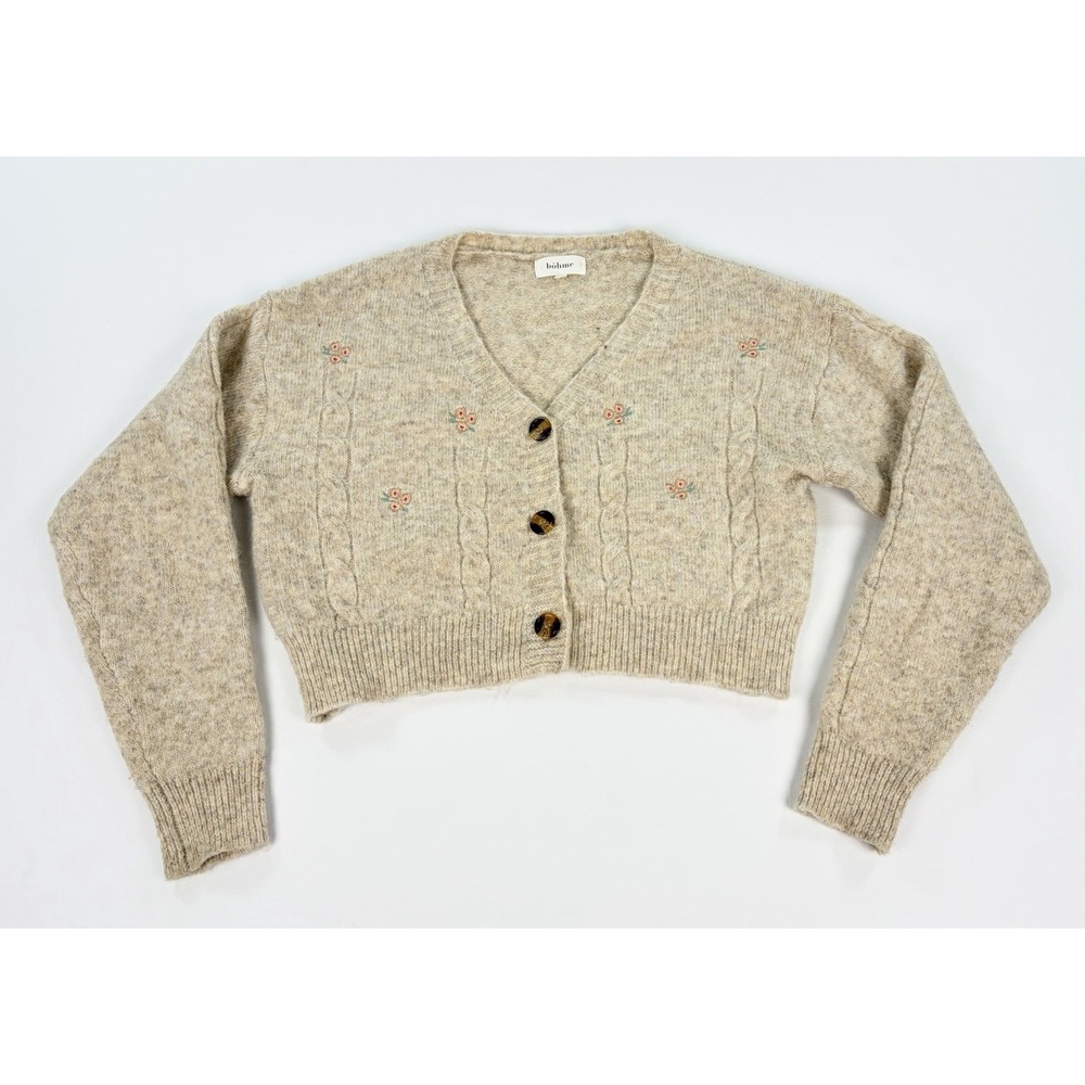 Bohme Beige Floral Embroidered Button Down Crop Cardigan Sweater Women's Small